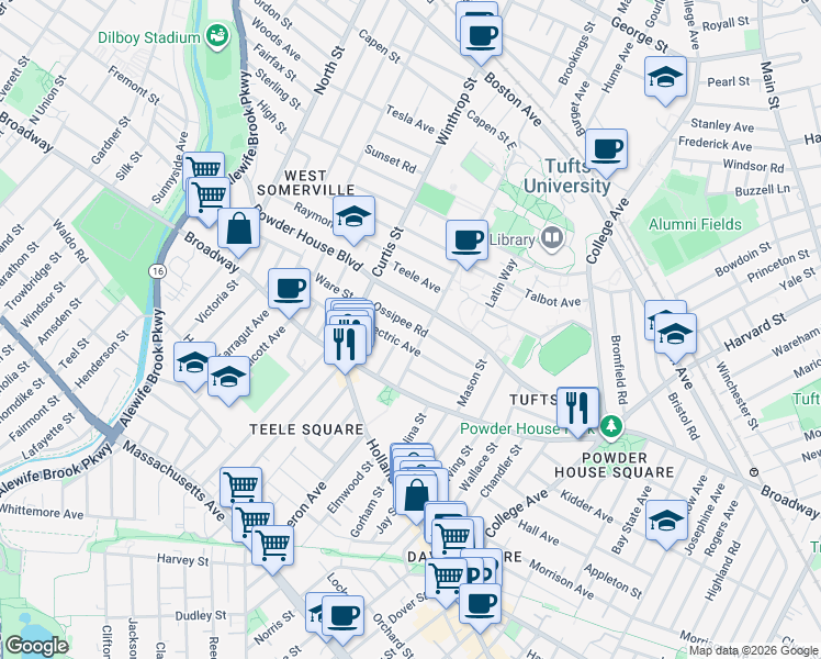 map of restaurants, bars, coffee shops, grocery stores, and more near 35 Packard Avenue in Somerville