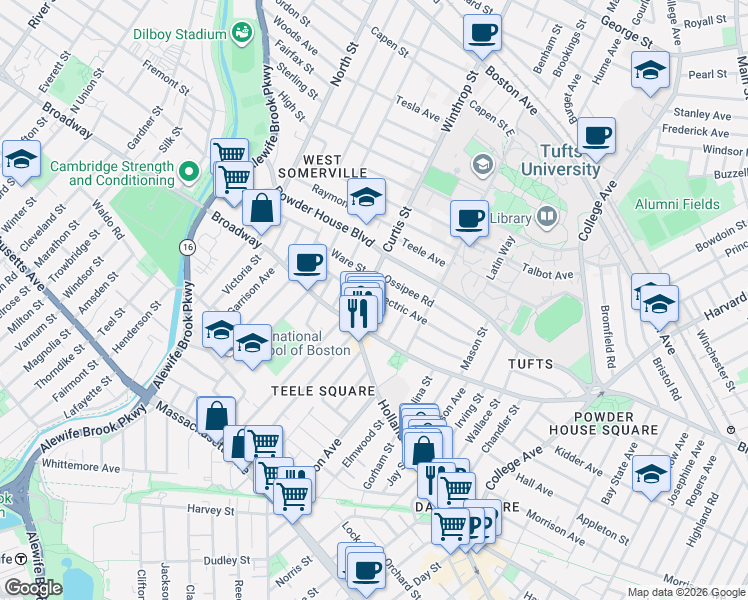 map of restaurants, bars, coffee shops, grocery stores, and more near 5 Curtis Street in Somerville
