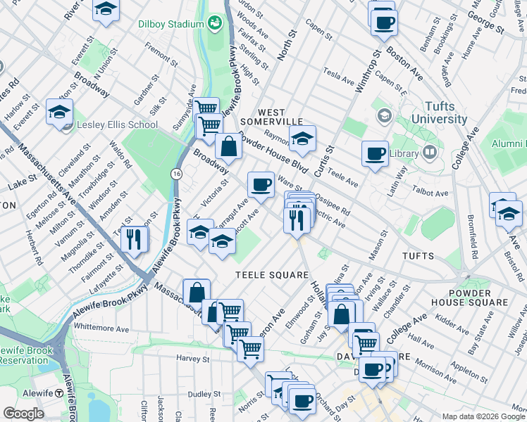 map of restaurants, bars, coffee shops, grocery stores, and more near 1188 Broadway in Somerville