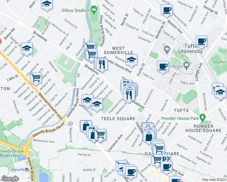 map of restaurants, bars, coffee shops, grocery stores, and more near 1188 Broadway in Somerville