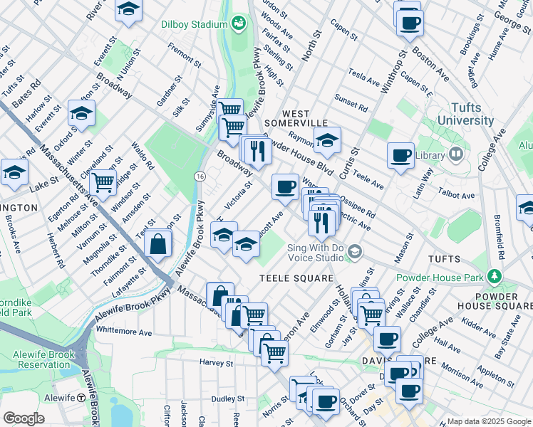 map of restaurants, bars, coffee shops, grocery stores, and more near 24 Endicott Avenue in Somerville