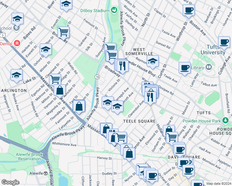 map of restaurants, bars, coffee shops, grocery stores, and more near 51 Farragut Avenue in Somerville