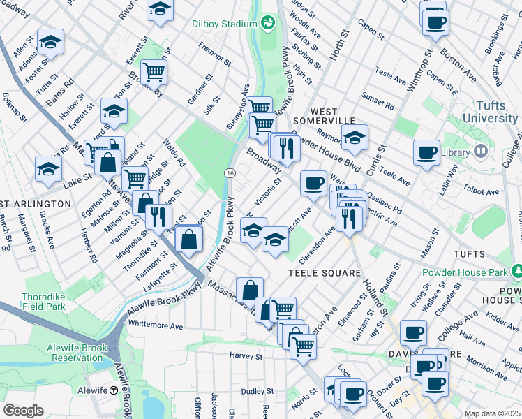 map of restaurants, bars, coffee shops, grocery stores, and more near 84 Hooker Avenue in Somerville