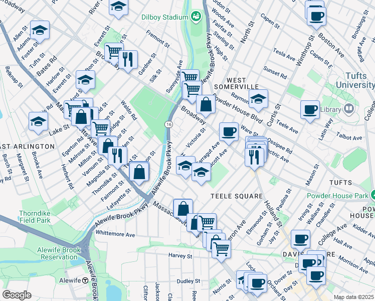 map of restaurants, bars, coffee shops, grocery stores, and more near 84 Hooker Avenue in Somerville