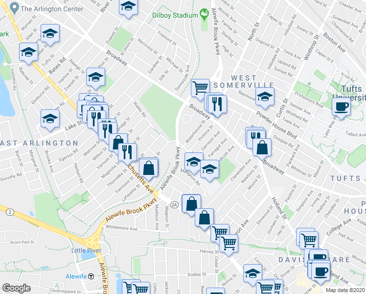 map of restaurants, bars, coffee shops, grocery stores, and more near 45 Alewife Brook Parkway in Cambridge