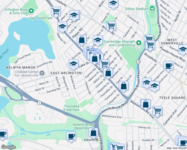 map of restaurants, bars, coffee shops, grocery stores, and more near 34-36 Melrose Street in Arlington