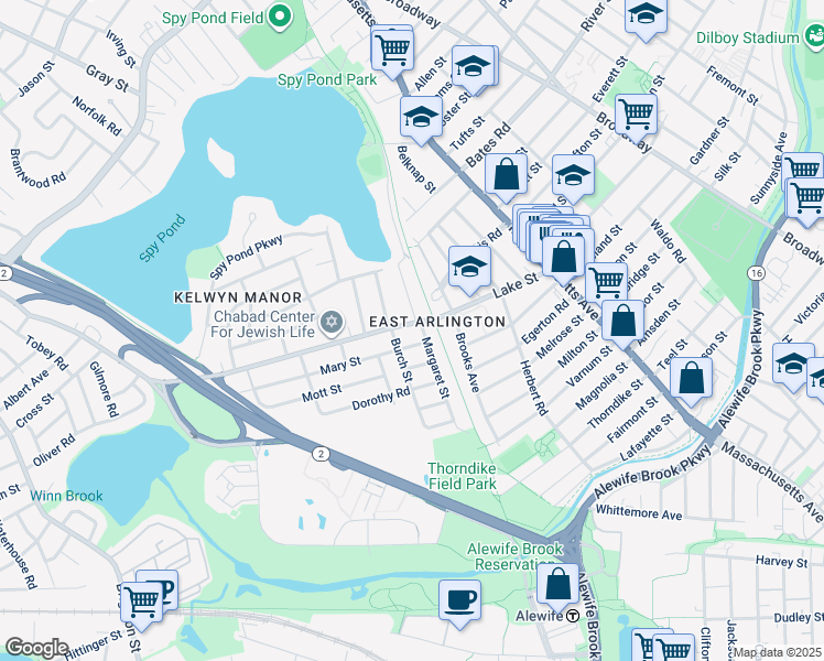 map of restaurants, bars, coffee shops, grocery stores, and more near 14 Mary Street in Arlington