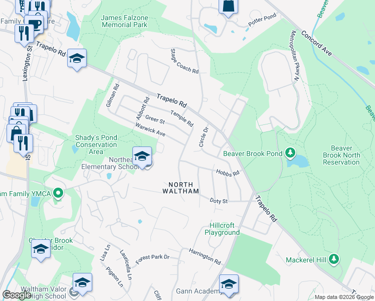 map of restaurants, bars, coffee shops, grocery stores, and more near 101 Hobbs Road in Waltham