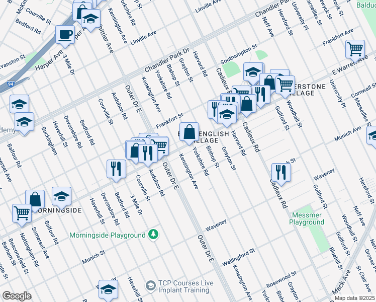 map of restaurants, bars, coffee shops, grocery stores, and more near 4885 Kensington Avenue in Detroit