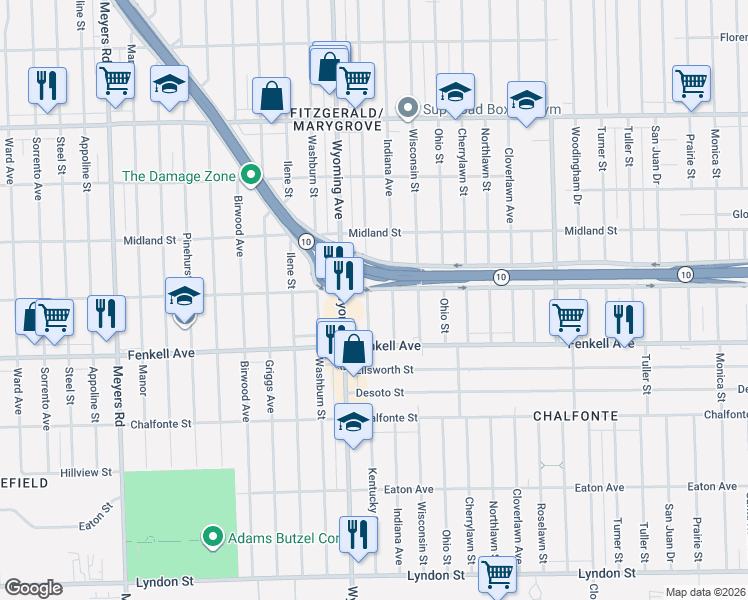 map of restaurants, bars, coffee shops, grocery stores, and more near 15360 Kentucky Street in Detroit