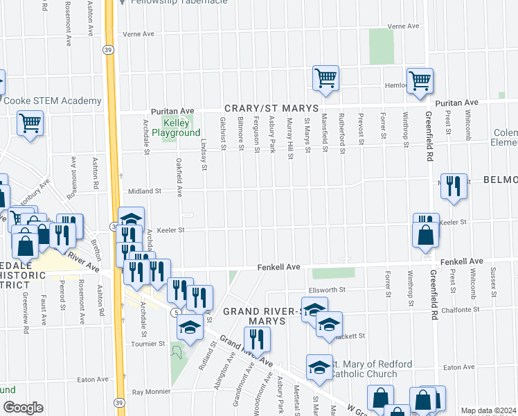 map of restaurants, bars, coffee shops, grocery stores, and more near 15425 Ferguson Street in Detroit