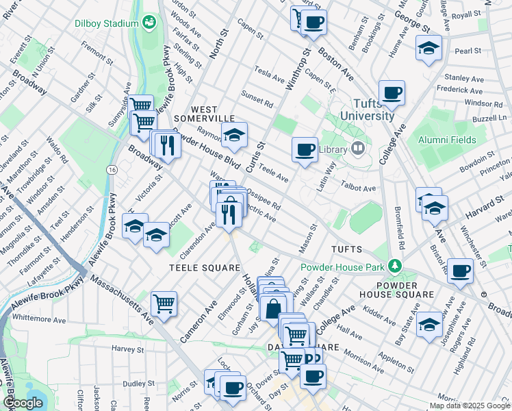 map of restaurants, bars, coffee shops, grocery stores, and more near 83 Electric Avenue in Somerville