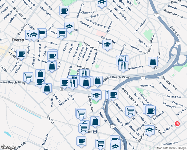 map of restaurants, bars, coffee shops, grocery stores, and more near 31 Reynolds Avenue in Everett