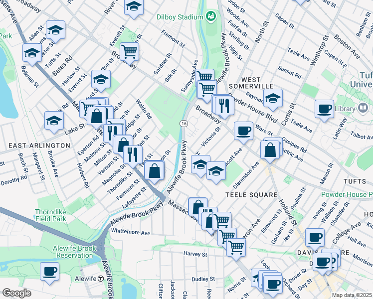 map of restaurants, bars, coffee shops, grocery stores, and more near 45 Alewife Brook Parkway in Cambridge