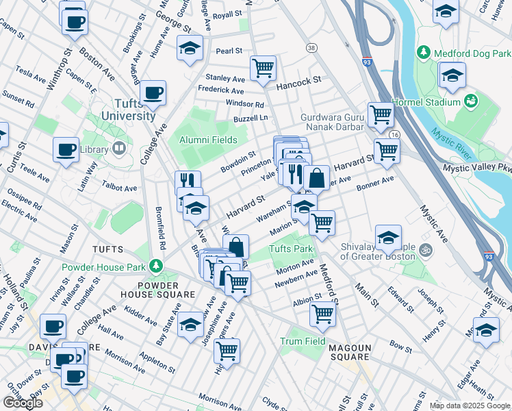 map of restaurants, bars, coffee shops, grocery stores, and more near 53 Wareham Street in Medford