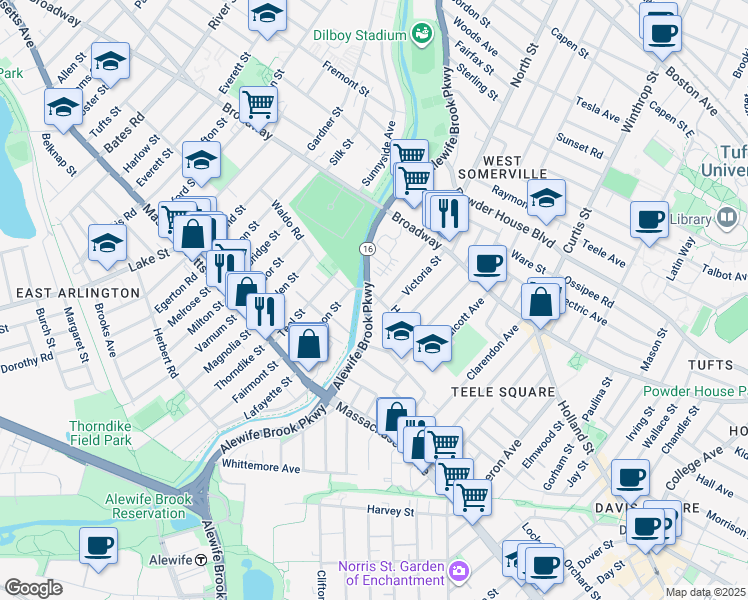 map of restaurants, bars, coffee shops, grocery stores, and more near 114 Woodstock Street in Somerville