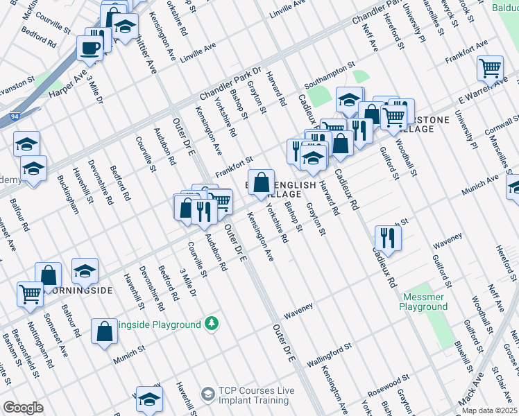 map of restaurants, bars, coffee shops, grocery stores, and more near 4885 Kensington Avenue in Detroit