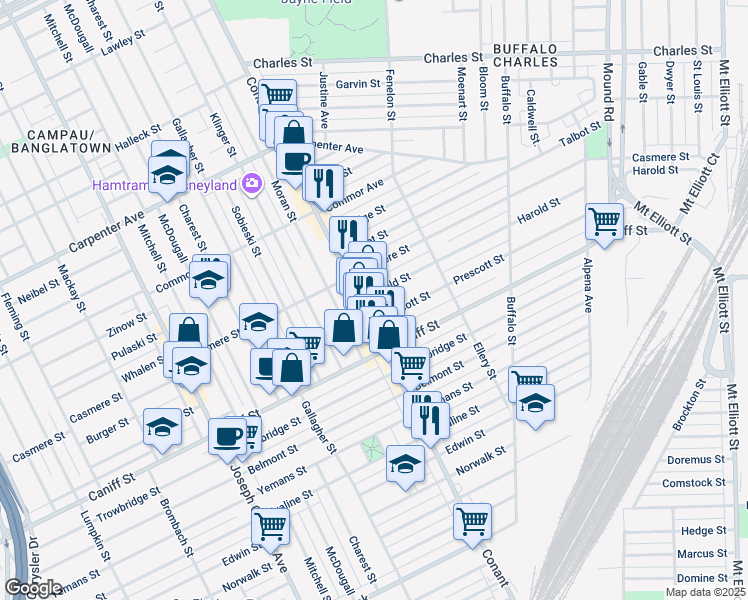 map of restaurants, bars, coffee shops, grocery stores, and more near 11420 Conant Street in Hamtramck
