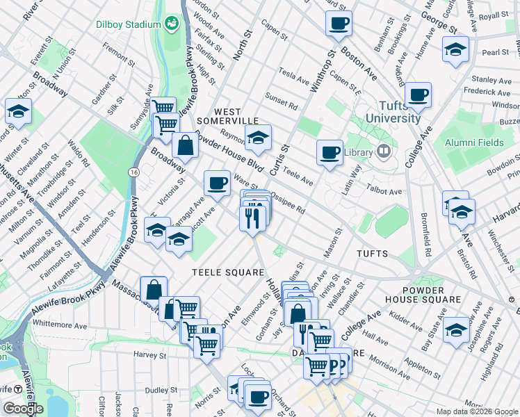 map of restaurants, bars, coffee shops, grocery stores, and more near 23 Curtis Street in Somerville