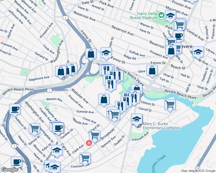 map of restaurants, bars, coffee shops, grocery stores, and more near Parkway Plaza in Chelsea