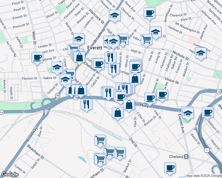 map of restaurants, bars, coffee shops, grocery stores, and more near 42A Spring Street in Everett