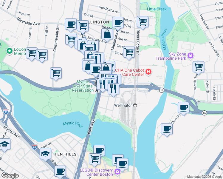map of restaurants, bars, coffee shops, grocery stores, and more near 62 Station Landing in Medford