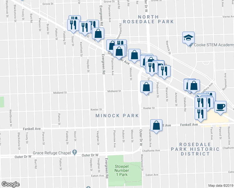 map of restaurants, bars, coffee shops, grocery stores, and more near 15538 Plainview Avenue in Detroit