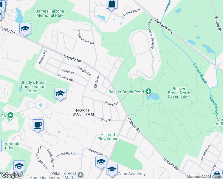 map of restaurants, bars, coffee shops, grocery stores, and more near 600 Trapelo Road in Waltham