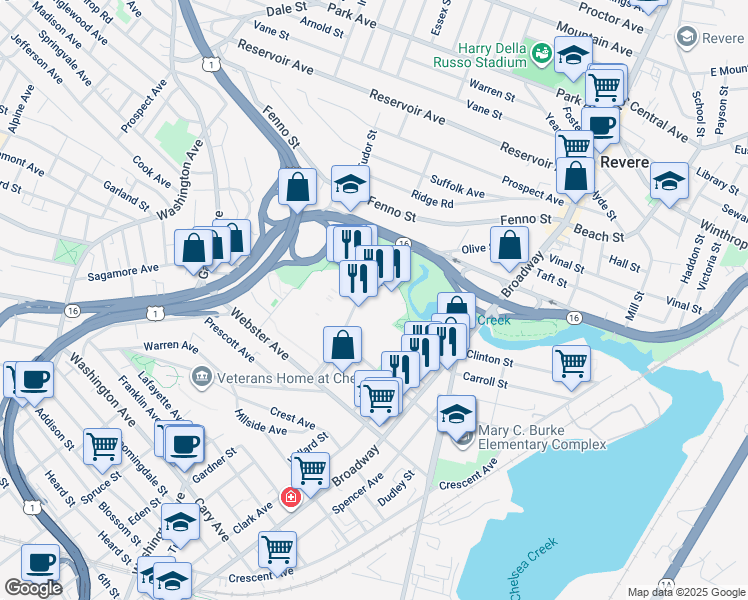 map of restaurants, bars, coffee shops, grocery stores, and more near 1020 Revere Beach Parkway in Chelsea