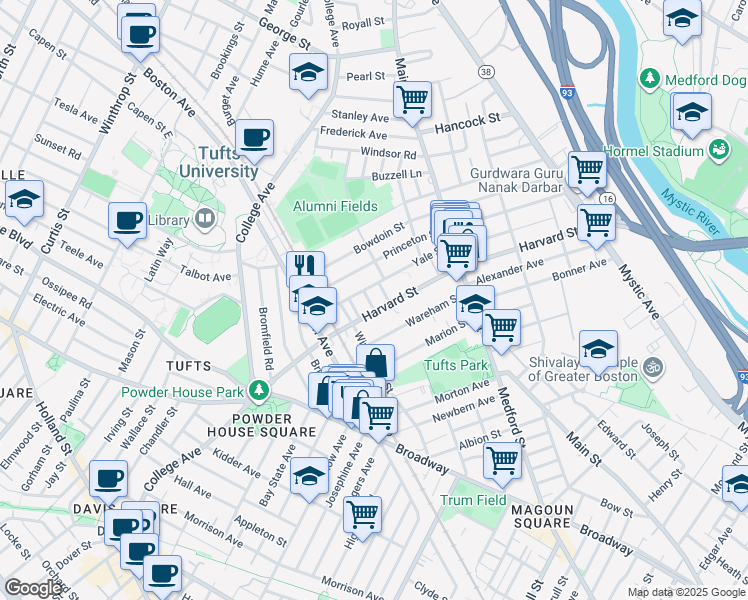 map of restaurants, bars, coffee shops, grocery stores, and more near 1 Berwick Road in Medford