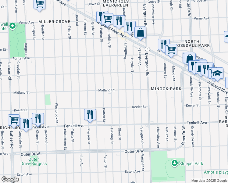 map of restaurants, bars, coffee shops, grocery stores, and more near 15520 Fielding Street in Detroit