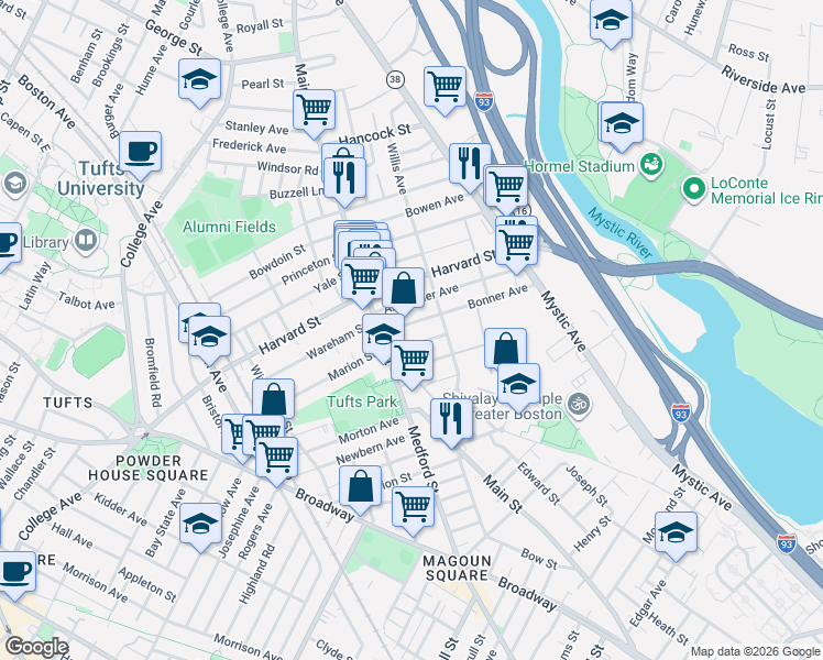 map of restaurants, bars, coffee shops, grocery stores, and more near 21 Mayberry Avenue in Medford