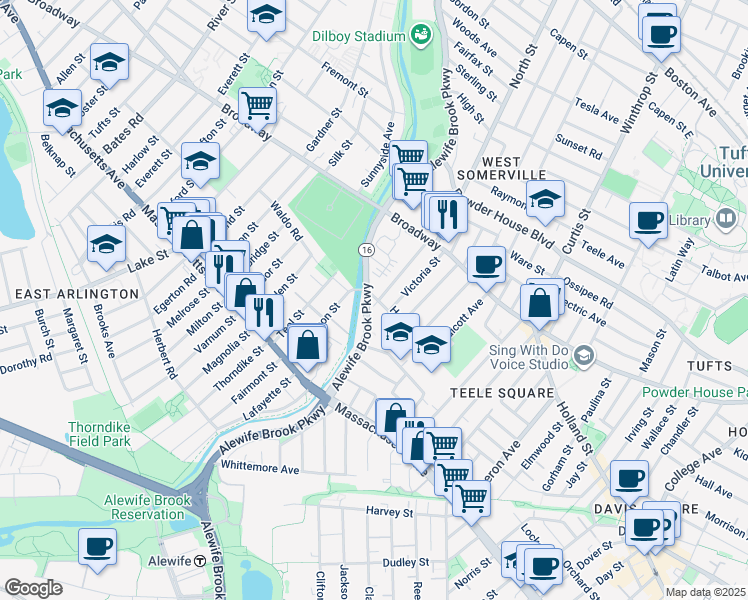 map of restaurants, bars, coffee shops, grocery stores, and more near 112 Woodstock Street in Somerville