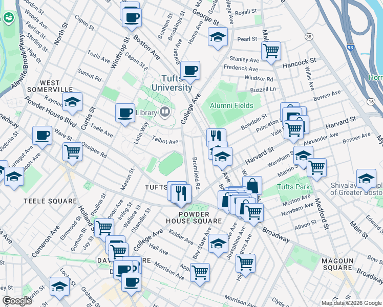 map of restaurants, bars, coffee shops, grocery stores, and more near 66 Bromfield Road in Somerville