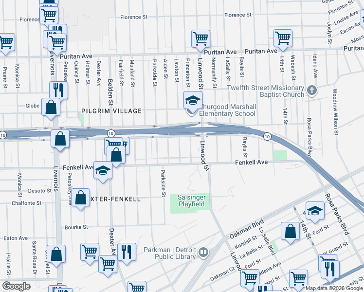 map of restaurants, bars, coffee shops, grocery stores, and more near 15364 Lawton Street in Detroit