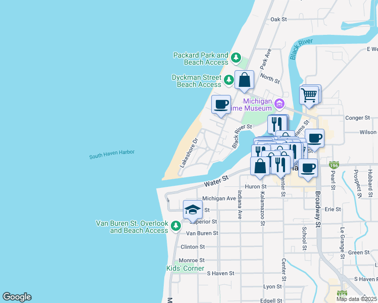 map of restaurants, bars, coffee shops, grocery stores, and more near Lakeshore Drive in South Haven