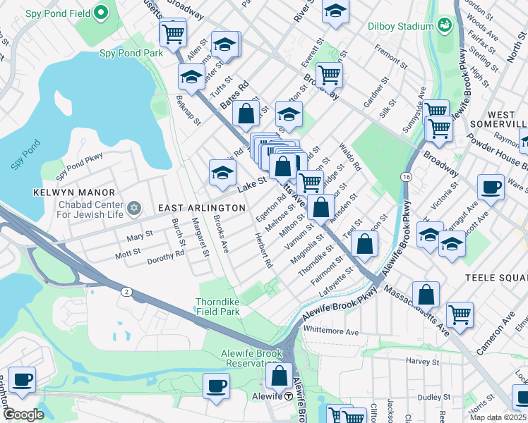 map of restaurants, bars, coffee shops, grocery stores, and more near 39 Egerton Road in Arlington