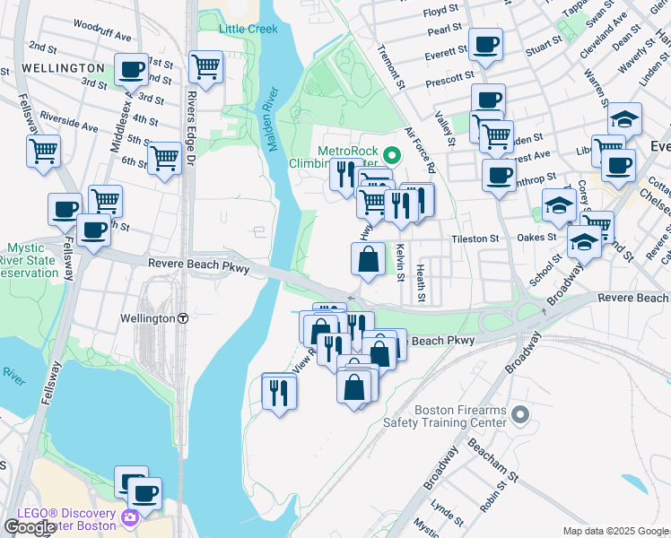 map of restaurants, bars, coffee shops, grocery stores, and more near 2095-2217 Revere Beach Pkwy in Everett