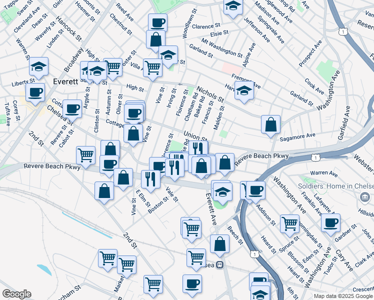 map of restaurants, bars, coffee shops, grocery stores, and more near in Everett