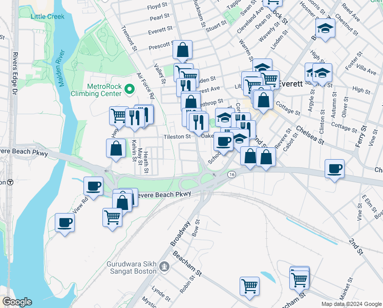 map of restaurants, bars, coffee shops, grocery stores, and more near 24 West Street in Everett