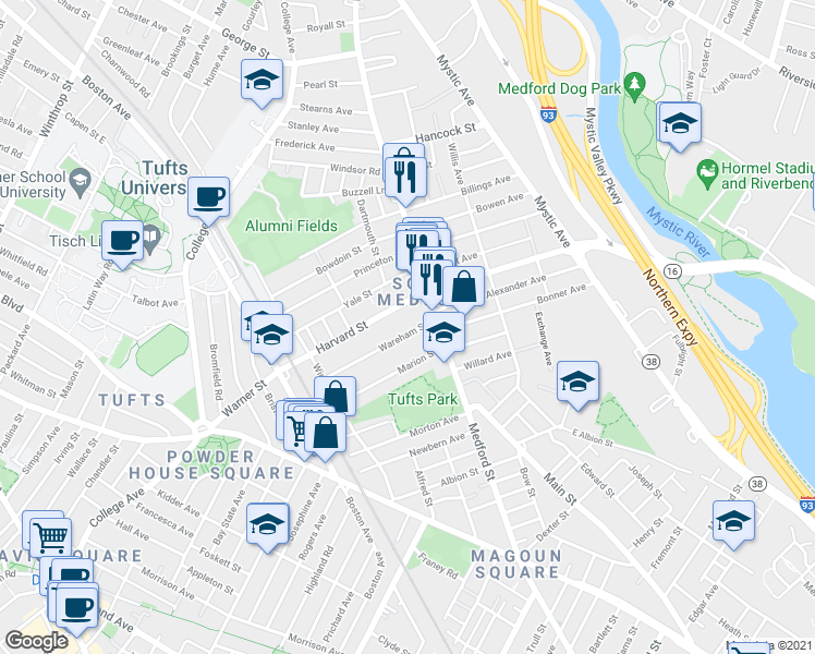 map of restaurants, bars, coffee shops, grocery stores, and more near 30 Wareham Street in Medford