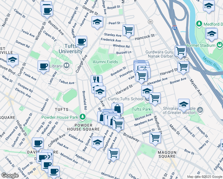 map of restaurants, bars, coffee shops, grocery stores, and more near 1 Berwick Road in Medford