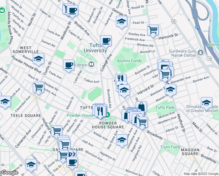 map of restaurants, bars, coffee shops, grocery stores, and more near 66 Bromfield Road in Somerville