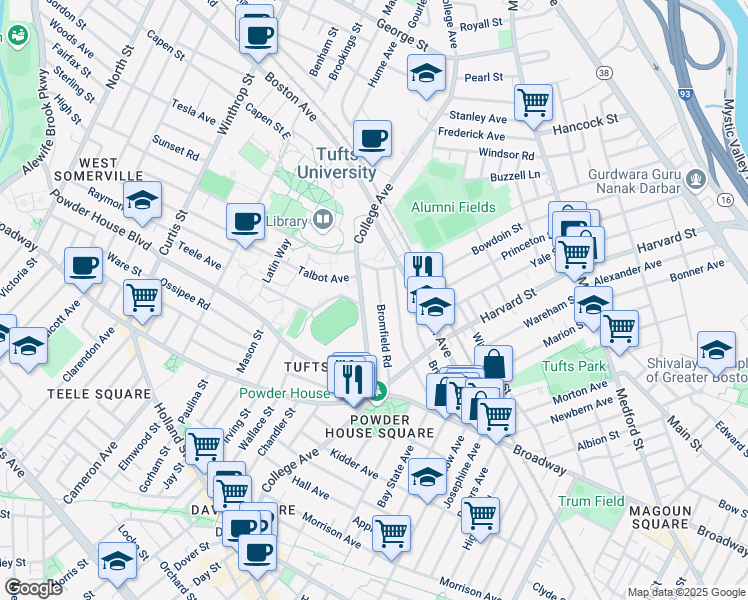 map of restaurants, bars, coffee shops, grocery stores, and more near 66 Bromfield Road in Somerville
