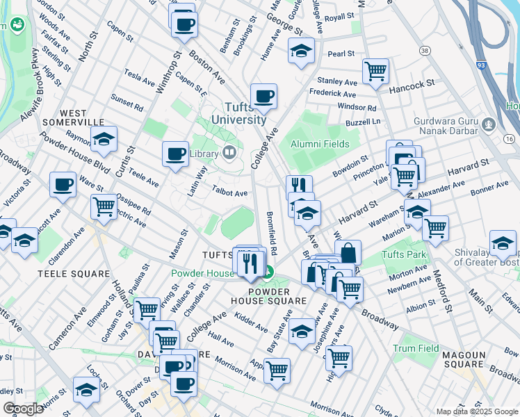 map of restaurants, bars, coffee shops, grocery stores, and more near 66 Bromfield Road in Somerville