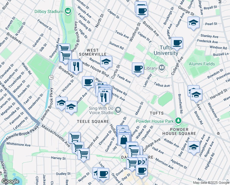 map of restaurants, bars, coffee shops, grocery stores, and more near 22 Lovell Street in Somerville