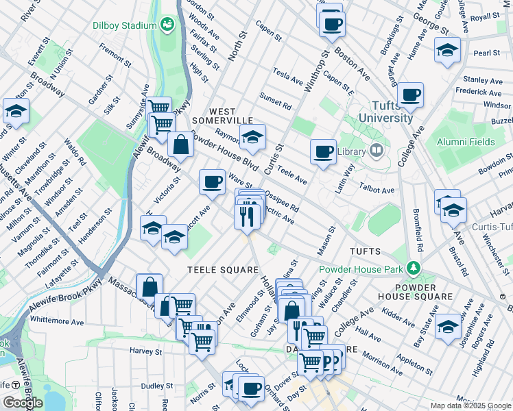 map of restaurants, bars, coffee shops, grocery stores, and more near 5 Curtis Street in Somerville