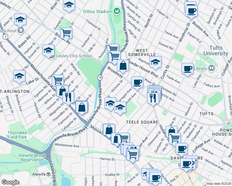 map of restaurants, bars, coffee shops, grocery stores, and more near 51 Farragut Avenue in Somerville
