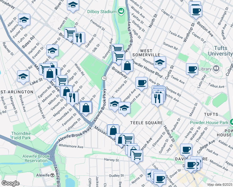 map of restaurants, bars, coffee shops, grocery stores, and more near 84 Hooker Avenue in Somerville