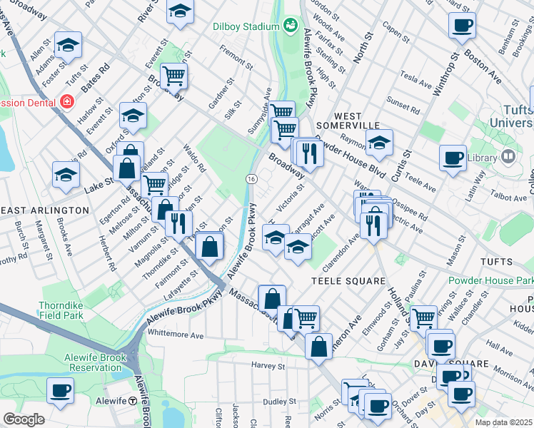 map of restaurants, bars, coffee shops, grocery stores, and more near 84 Hooker Avenue in Somerville